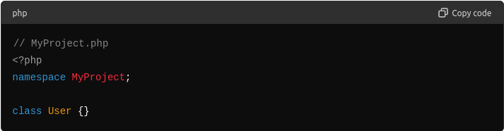 PHP-Code: MyProject.php deklariert den Namespace MyProject mit einer leeren Klasse User