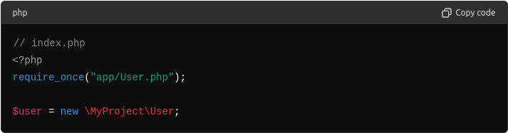 PHP-Code: index.php bindet app/User.php ein und erzeugt ein \MyProject\User über den vollqualifizierten Namen