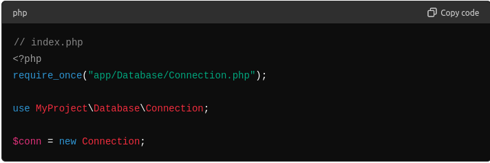 PHP-Code: index.php importiert MyProject\Database\Connection mit use und erzeugt eine Connection