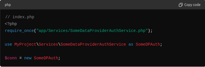PHP-Code: index.php importiert SomeDataProviderAuthService unter dem Alias SomeDPAuth
