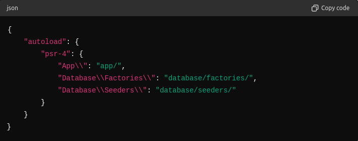 Autoload-Abschnitt der composer.json, der die PSR-4-Namespaces App, Database\Factories und Database\Seeders ihren Verzeichnissen zuordnet