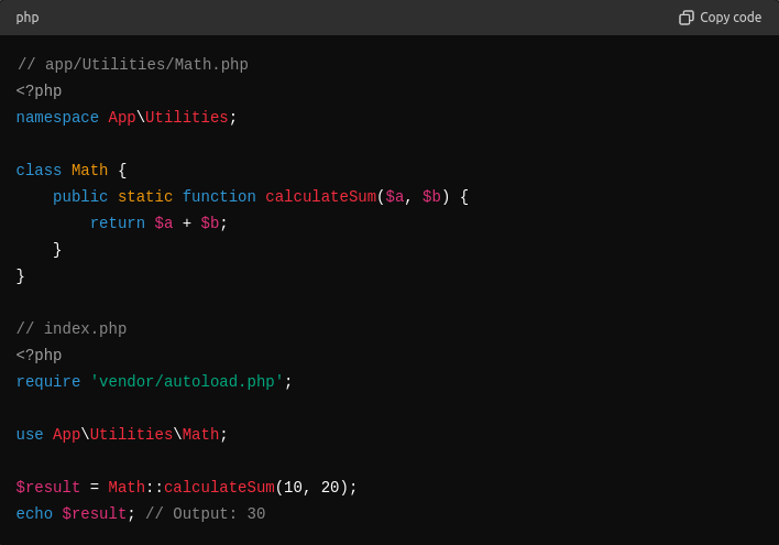 PHP-Code: Klasse App\Utilities\Math mit einer statischen Methode calculateSum, aufgerufen aus index.php
