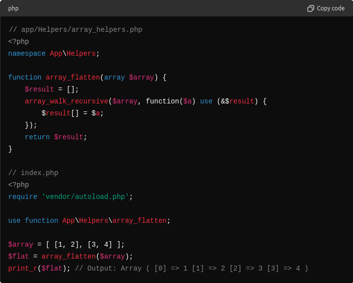 PHP-Code: Funktion App\Helpers\array_flatten, importiert mit use function und aufgerufen aus index.php