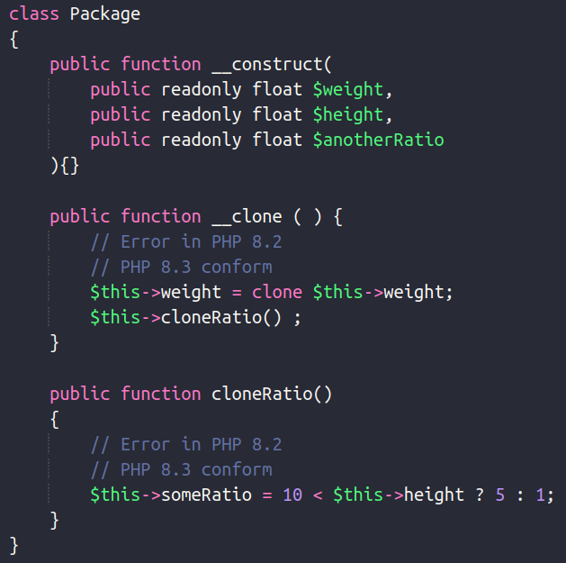 php 8.3 change read only properties in order to clone